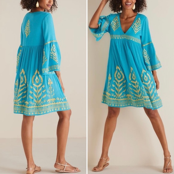 SOFT SURROUNDINGS Metallic Embroidered Zaneta Bell Sleeve Dress in Turquoise - Picture 2 of 11